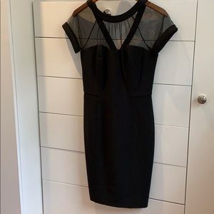 Black petite dressy dress with sheer top